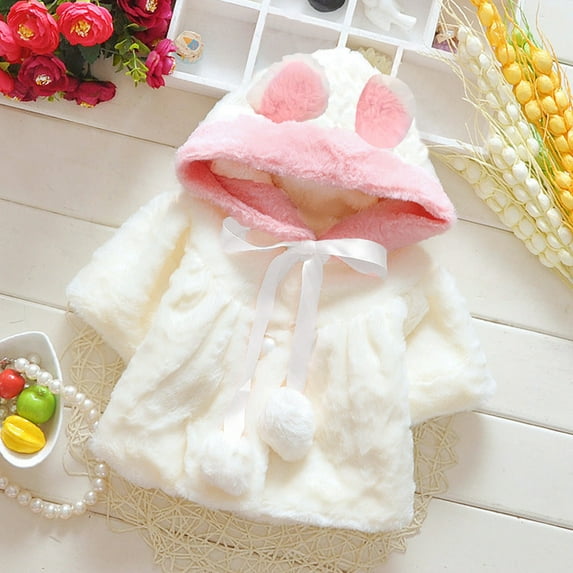 Lilgiuy Infant Girls Snow Coat Winter Warm Solid Color Plush Cute Rabbit Ears Hoodie Thick Coat Cloak Outwear for Christmas White（6-24Months）
