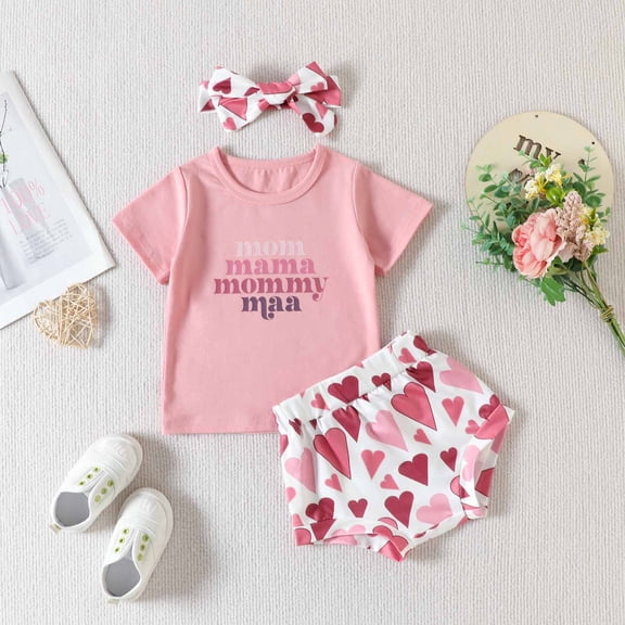 Lilgiuy Infant Girls Summer Clothing Mother's Day Letter Short Sleeve T-shirt Shorts With Hairband Decoration Kids Casual Suit