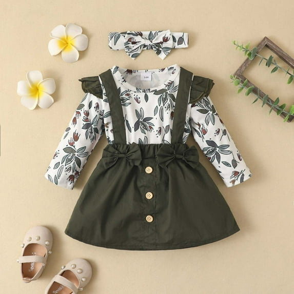 Lilgiuy Infant Toddler Baby Girls Leaf Print Long-sleeved Romper Bow Suspender Skirt Three-piece Set,Army Green,12-18 Months for 2022