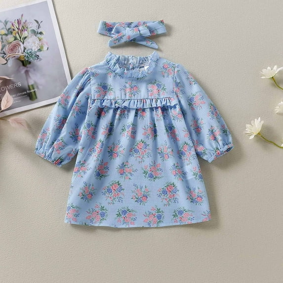 Lilgiuy Infant Toddler Baby Girls Long Sleeve Fungus Edge Round Neck Floral Dress Dress Princess Dress,Blue,9-12 Months Fall for 2022 Spring Winter