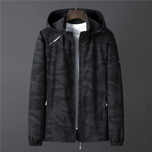 Lilgiuy Jackets for Men Fall Fashion Long Sleeve Letter Floral Stand Collar Zipper Hooded Pocket Jacket for Hiking Climbing