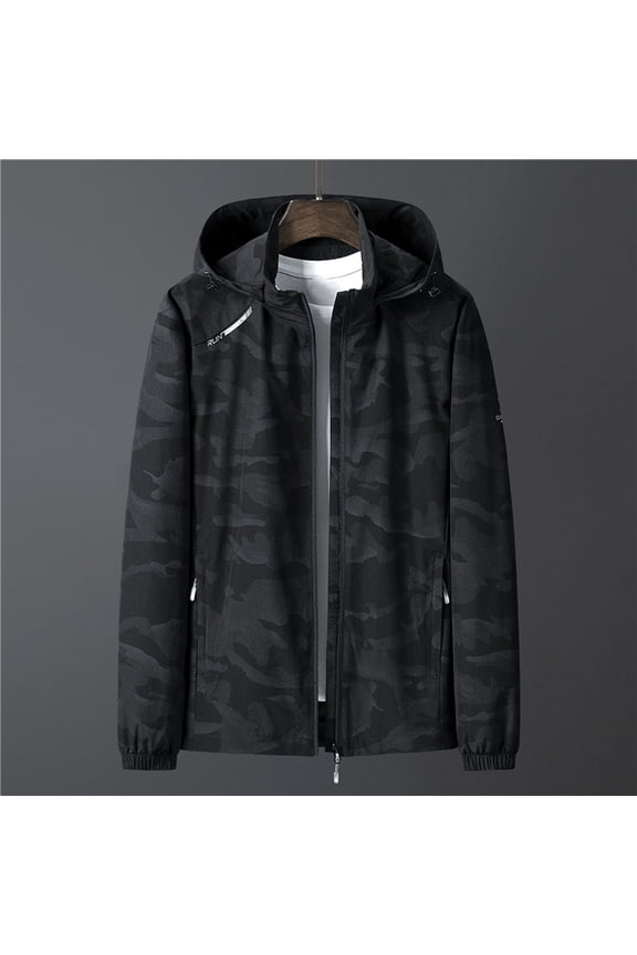 Jackets for Men Fall Fashion Long Sleeve Letter Floral Stand Collar Zipper Hooded Pocket Jacket for Hiking Climbing