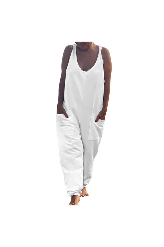 Jumpsuits For Women Summer Sleeveless Pocket Solid Color Bundle Feet Pants Fashion Romper Pants White 6(M) Fall Fashion 2022 Spring Winter