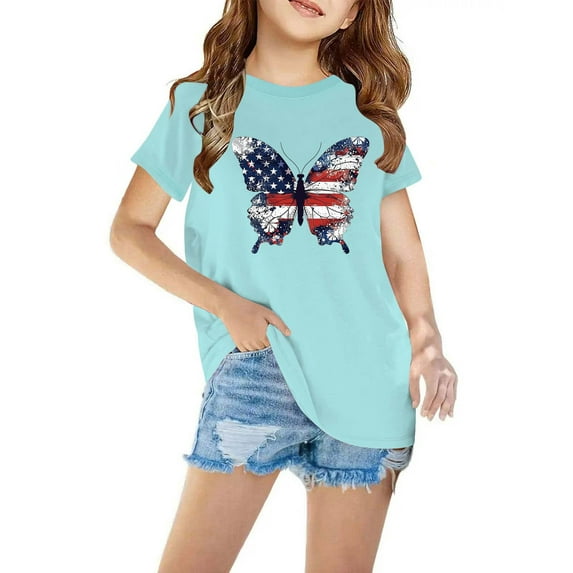 Lilgiuy Kid 4th of July T-Shirts Little Boys Girls American Flag Shirt Patriotic Top Short Sleeve Tees for Holiday Vacation Travel (Blue,3-4 Years)