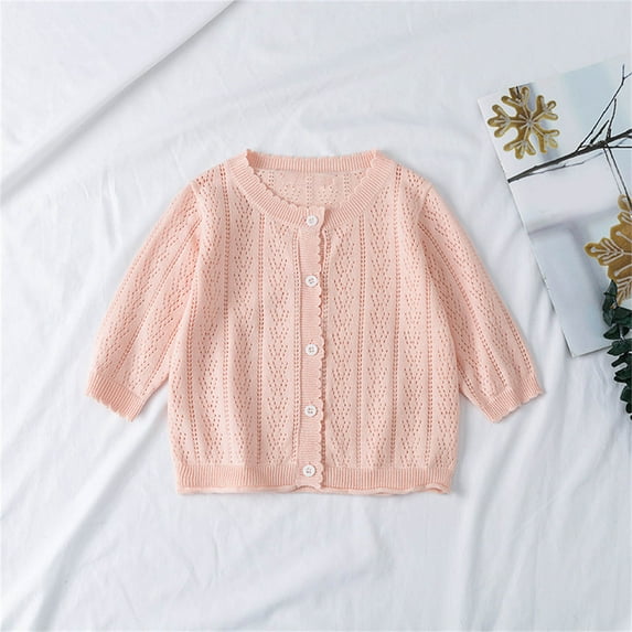 Lilgiuy Kids Girl Thin Cardigan Sweater Solid Color Long Sleeved Round Neck Button Cardigans School Uniform Knit Tops for Toddler 6M-3Y