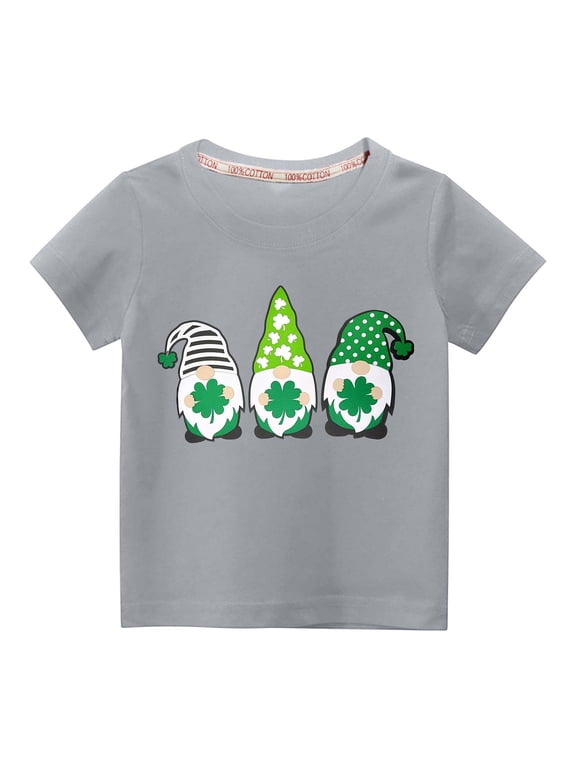 Kids St Patricks Day Shirt Boys Girls Saint Patrick's Green Gnome Graphic Tees Toddler Short Sleeve T-Shirt Tops for Travel Vacation (Gray)