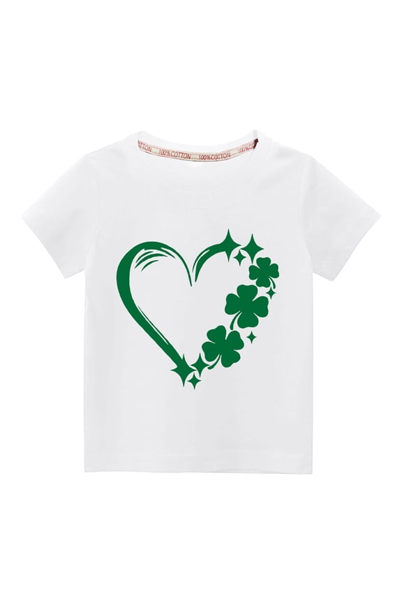 Kids St Patricks Day Shirt Boys Girls Saint Patrick's Green Heart Graphic Tees Toddler Short Sleeve T-Shirt Tops Gift for Children (White)
