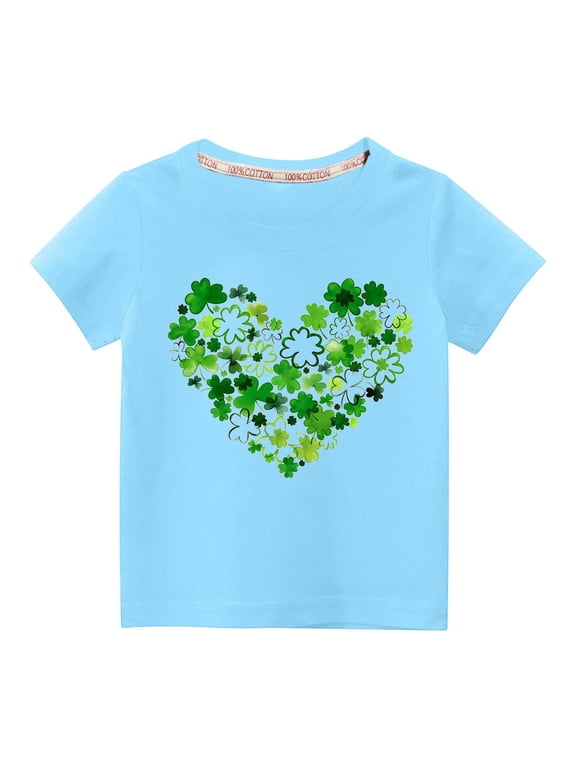 Kids St Patricks Day Shirt Boys Girls Saint Patrick's Shamrock Clover Graphic Tees Toddler Short Sleeve T-Shirt Tops for Home Leisure (Blue)