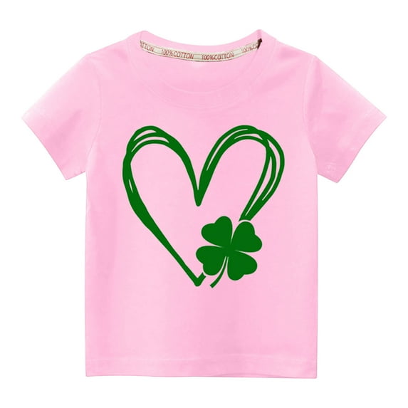 Lilgiuy Kids St. Patricks Day Shirt Girls Boys Cute Shamrock Heart Print Solid Color Short Sleeve T-Shirt Toddler Summer Saint Patricks Day Outfits Gift for Children (Pink)