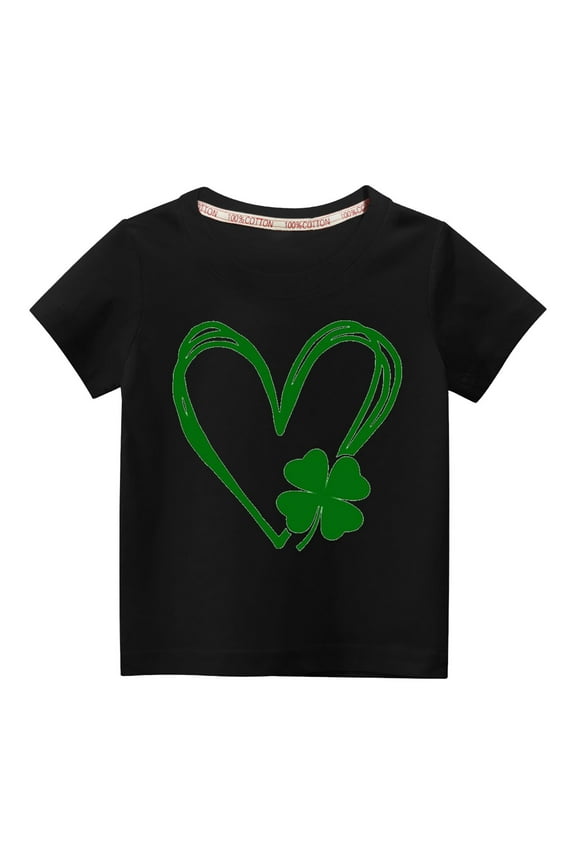 Kids St. Patricks Day Shirt Girls Boys Cute Shamrock Heart Print Solid Color Short Sleeve T-Shirt Toddler Summer Saint Patricks Day Outfits Outwear (Black)
