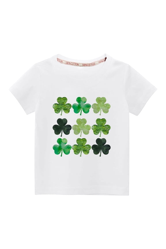 Kids St. Patricks Day Shirt Girls Boys Cute Shamrock Print Solid Color Short Sleeve T-Shirt Toddler Summer Saint Patricks Day Outfits for Party Birthday (White)