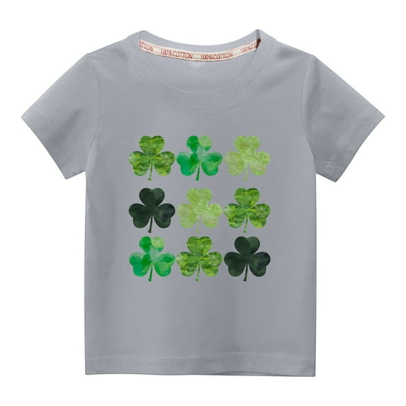 Lilgiuy Kids St. Patricks Day Shirt Girls Boys Cute Shamrock Print Solid Color Short Sleeve T-Shirt Toddler Summer Saint Patricks Day Outfits Festival Gifts (Gray)