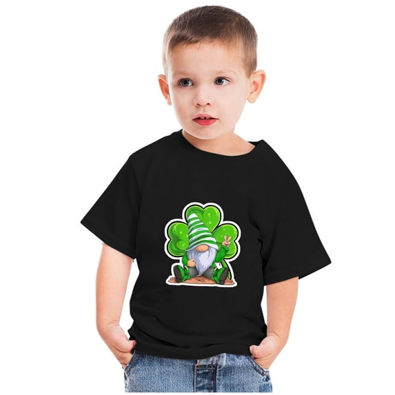 Lilgiuy Kids St Patricks Day Shirt Green Gnome Lucky Shamrock Tees Summer Solid Color Short Sleeve Lightweight T-Shirt Saint Patrick's Day Top for 3-10 Years (Black)