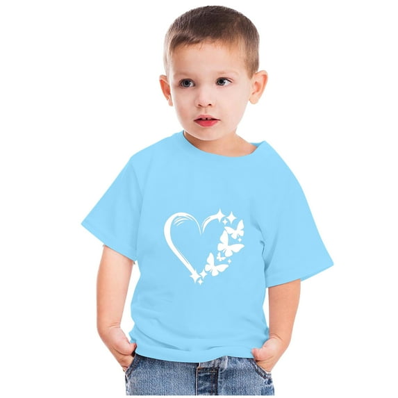 Lilgiuy Kids Toddler Valentine's Day T-Shirt Girls Boys Short Sleeve Crewneck Love Heart Graphic Breathable Cotton Tops for Indoor and Outdoor Activities (Blue)