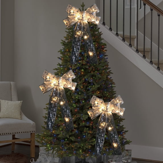 Lilgiuy LED Christmas Tree Bow Ribbon Silver Bows with Lights 9.06x13.78in Large Christmas Trees Ornaments Trees Topper Decoration for Home Tree Wreaths