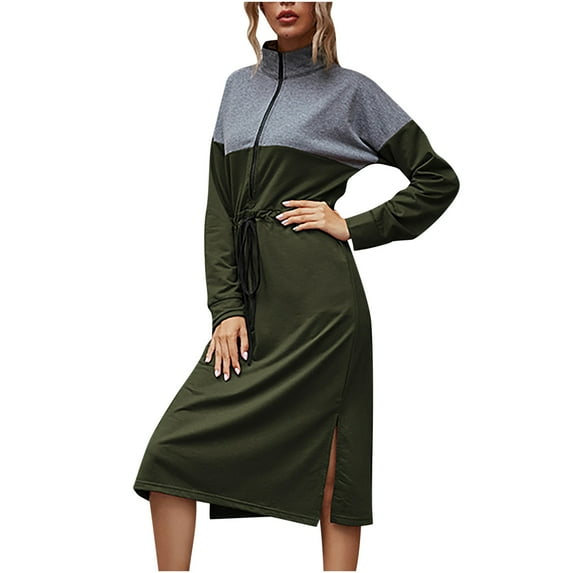 Lilgiuy Ladies Autumn And Winter Casual Drawstring Contrast Color Stitching Stand Collar Dress Women Army Green Fall for 2022 Spring Winter