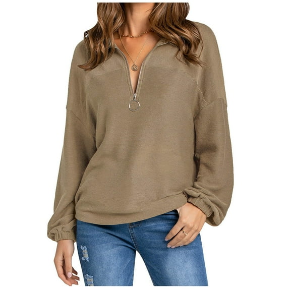 Lilgiuy Ladies Autumn And Winter Loose Top Solid Color Long Sleeve Pullover V Neck Khaki 2022 Fall Winter