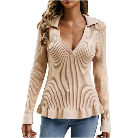 Lilgiuy Ladies Autumn And Winter V-Neck Solid Color Top Sweater Long Sleeve Knit Sweater V-Neck Sweater Winter Fashion 2022