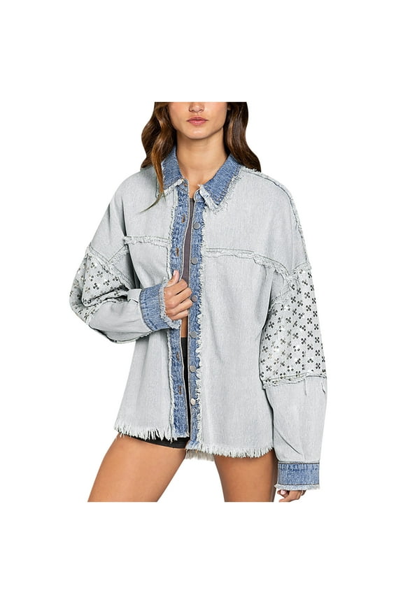 Ladies Casual Lapel Sequined Tassel Washed Jacket Denim Jacket，Blue,10 Winter Dresses for 2022