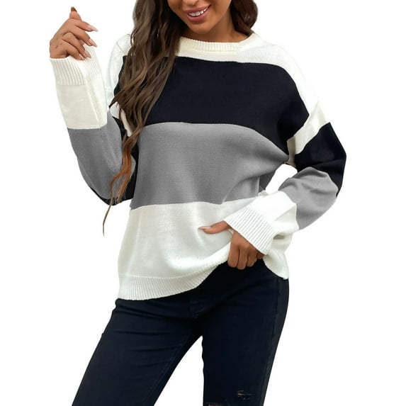 Lilgiuy Ladies Casual Pullover Knit Striped Intercolor Long Sleeve Crewneck Sweater Knitwear Winter Fashion 2022