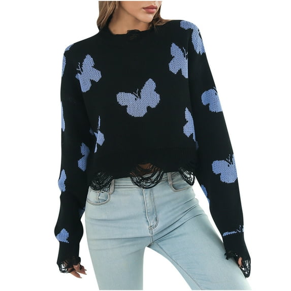 Lilgiuy Ladies Hole Butterfly Autumn And Winter Long Sleeve Knit Sweater Short Top Women 2022 Fall Winter