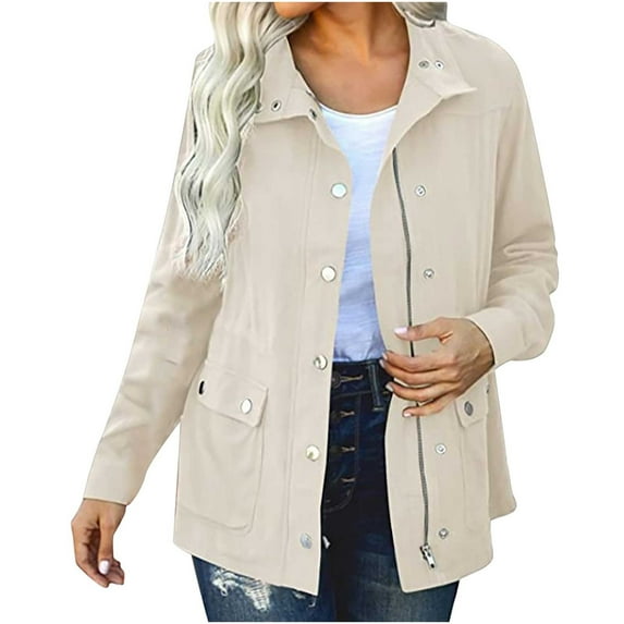 Lilgiuy Ladies Lapel Solid Color Cardigan Top Pocket Button Decor Long Sleeve Hoodless Casual Jacket Beige,10(XL) Fall Fashion 2022 Spring Winter