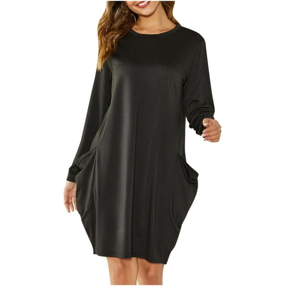 Lilgiuy Ladies Round Neck Loose Long Sleeves Mid Length Pocket Decor Women Dresses Black 2022 Fall Winter