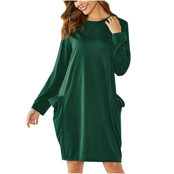 Lilgiuy Ladies Round Neck Loose Long Sleeves Mid Length Pocket Decor Women Dresses Green 2022 Fall Winter