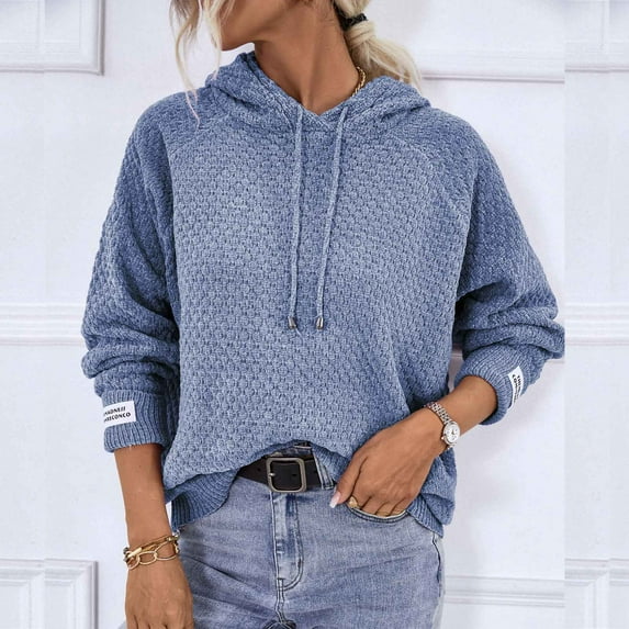 Lilgiuy Ladies Solid Color Hooded Pullover Casual Sweater Top Women,Blue,M Dresses for 2022