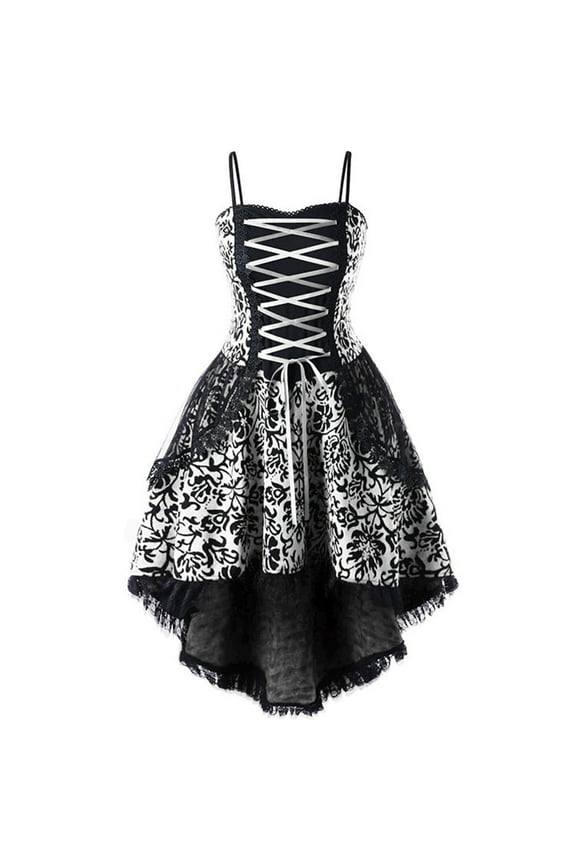 Ladies Summer Sleeveless Gothic Style Vintage Dark Drawstring Waist Print Lace Sling Dress 2022 Fall Winter