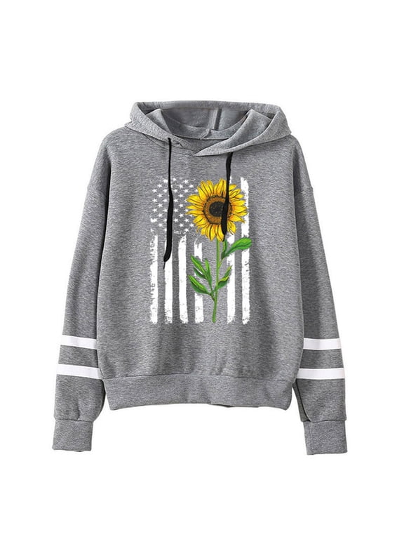 Ladies Sunflower Printed Hooded Pullover Striped Long Sleeve Sweatshirt Top