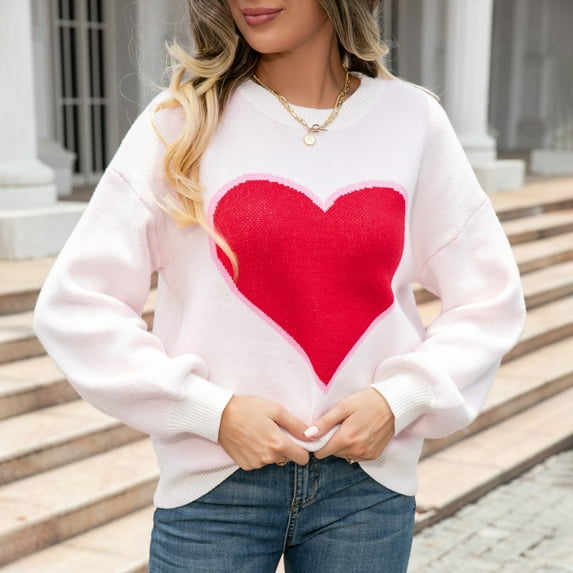 Lilgiuy Light Weight Sweaters for Women 2023 Fall Long Sleeve Crew Neck Solid Color Retro Heart Print Oversized Casual Knitted Pullover Tops for Tennis Golf