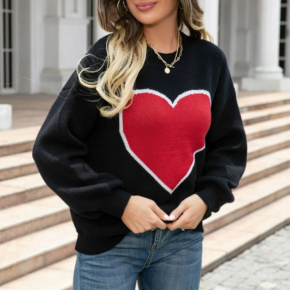 Lilgiuy Light Weight Sweaters for Women 2023 Fall Long Sleeve Crew Neck Solid Color Retro Heart Print Oversized Casual Knitted Pullover Topsfor School College Library