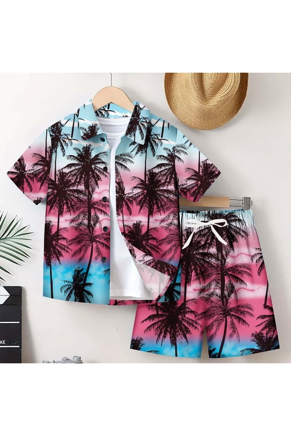Little Boy's 2 Piece Outfits Hawaii Vacation Tropical Leaves Print Lapel Neck Button Down Shirt and Elastic Waist Shorts Set for Seaside Swimming Pool(Hot Pink,9-10 Years)