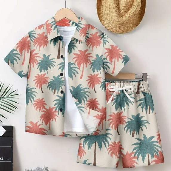 Lilgiuy Little Boy's 2 Piece Outfits Hawaii Vacation Tropical Leaves Print Lapel Neck Button Down Shirt and Elastic Waist Shorts Set for Seaside Swimming Pool(Khaki,9-10 Years)