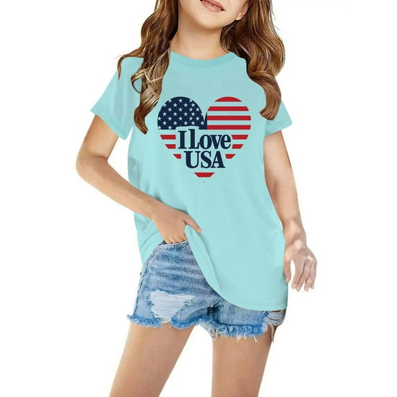 Lilgiuy Little Boys Girls 4th of July T-Shirt Red White & Blue USA Tees Stars Heart Striped Shirts Kids American Flag Clothes Summer Street Tops(Blue,5-6 Years )