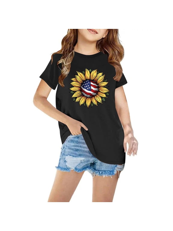 Little Boys Girls Graphic Tees Fun USA Flag Daisy Printed Short Sleeve Independence Day Youth T Shirts Top for Running Hking Travelling(Black,3-4 Years)