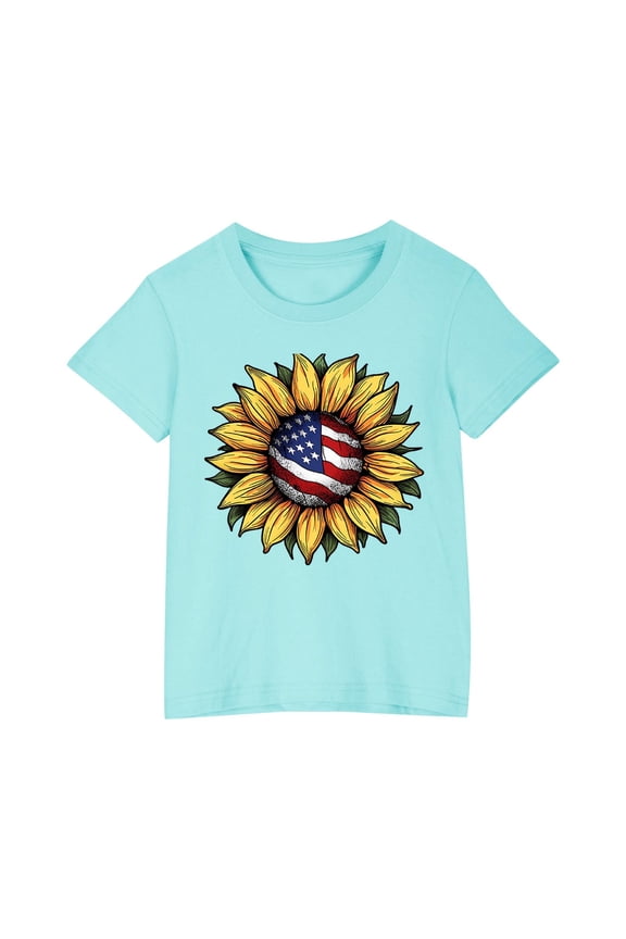 Little Boys Girls Graphic Tees Fun USA Flag Daisy Printed Short Sleeve Independence Day Youth T Shirts Top for Running Hking Travelling(Blue,3-4 Years)