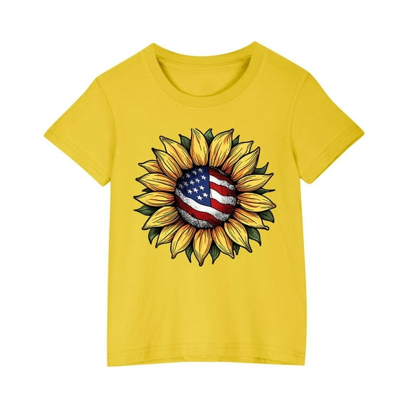 Lilgiuy Little Boys Girls Graphic Tees Fun USA Flag Daisy Printed Short Sleeve Independence Day Youth T Shirts Top for Running Hking Travelling(Yellow,5-6 Years )