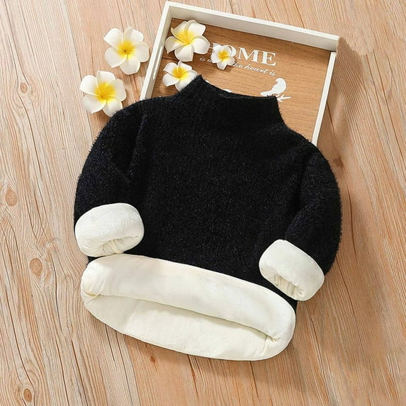 Lilgiuy Little Boys Girls Sweater Casual Solid Color Long Sleeve Pullover Turtleneck Sweater Plush Thickened Fall Winter Clothes for 3-14Y