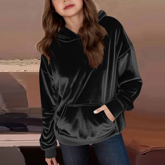 Lilgiuy Little Boys Girls Velour Hoodies Casual Solid Color Long Sleeve Oversized Pocket Comfortable Sweatshirt Tops for Home Travel School Sport (Black,14-15 Years)