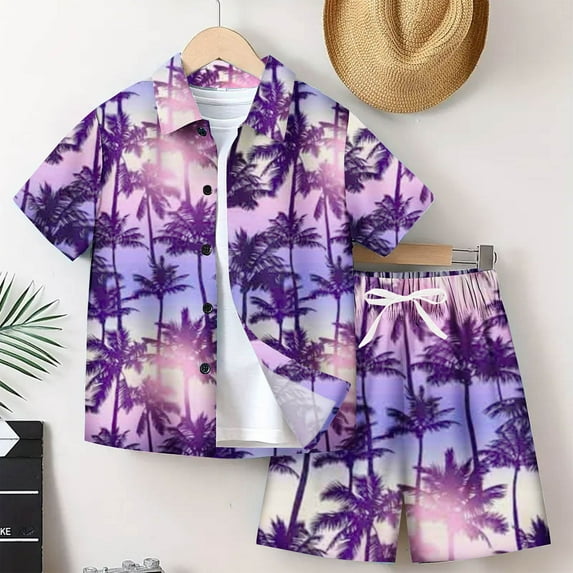 Lilgiuy Little Boys Hawaiian Outfits Summer Tropical Leaves Print Button Down Shirt and Drawstring Short 2 Pieces Sets for Travel Swimming Pool(Purple,13-14 Years)