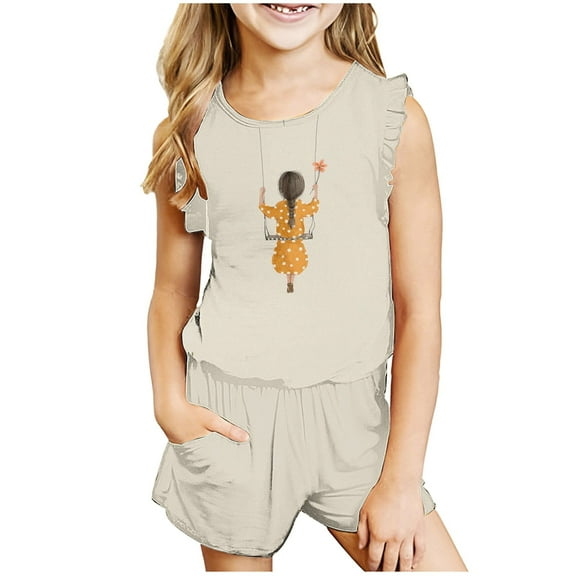 Lilgiuy Little Girl Birthday Short Set Summer Floral Print Round Neck Sleeveless Tshirt and Elastic Shorts Set Birthday Party Girls Outfit Clothes(Yellow,3-4 Years)