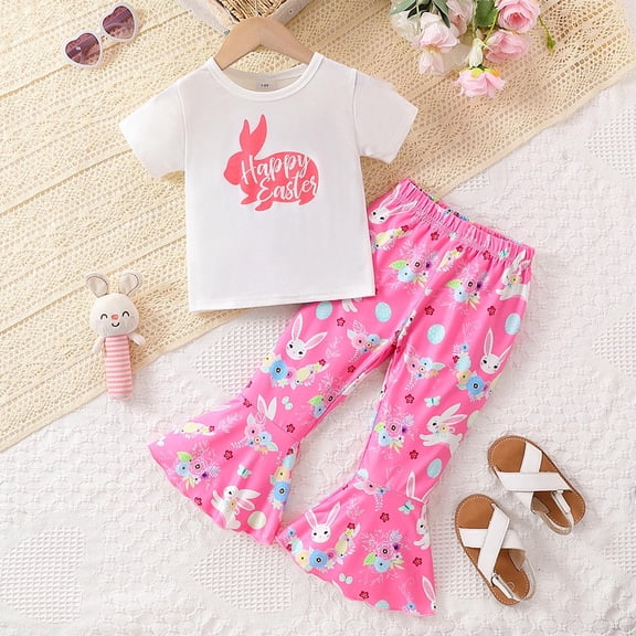 Lilgiuy Little Girl Easter Clothes Set Letter Print Short Sleeve Crewneck T-Shirt+Bunny Flare Pants 2pcs Spring Summer Outfit Gift for Your Children (White,7Years)