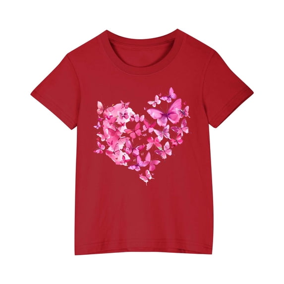 Lilgiuy Little Girl's Heart Short Sleeve T Shirts Casual Solid Color Crewneck Loose Fit Tunic Tops Summer Casual Blouses for Casual Daily(Red,9-10 Years)