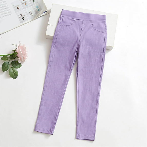 Lilgiuy Little Girls Athletic Leggings Kids Trendy Candy Color High Waist Tights Dance Workout Running Yoga Pants with Pocket for 3-10Years Purple