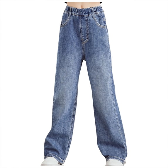Lilgiuy Little Girls Casual Jeans Size S-4XL Elastic Waistband Long Wide Straight Leg Baggy Pants with Pocket for Teens(Blue,L)