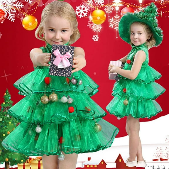 Lilgiuy Little Girls Christmas Tree Costume Green Sleeveless Mesh Tulle Fancy Christmas Princess Dresses Hat Outfit Holiday Party Dress for School Show Performance (1-13T)