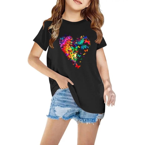 Lilgiuy Little Girls Clothes Short Sleeve T Shirts Summer Casual Solid Color Heart Graphic Loose Girls' Tops Tees & Blouses for Travel Holiday Vacation(Black,5-6 Years )