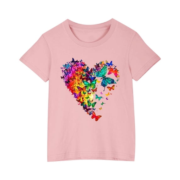 Lilgiuy Little Girls Clothes Short Sleeve T Shirts Summer Casual Solid Color Heart Graphic Loose Girls' Tops Tees & Blouses for Travel Holiday Vacation(Pink,7-8 Years)